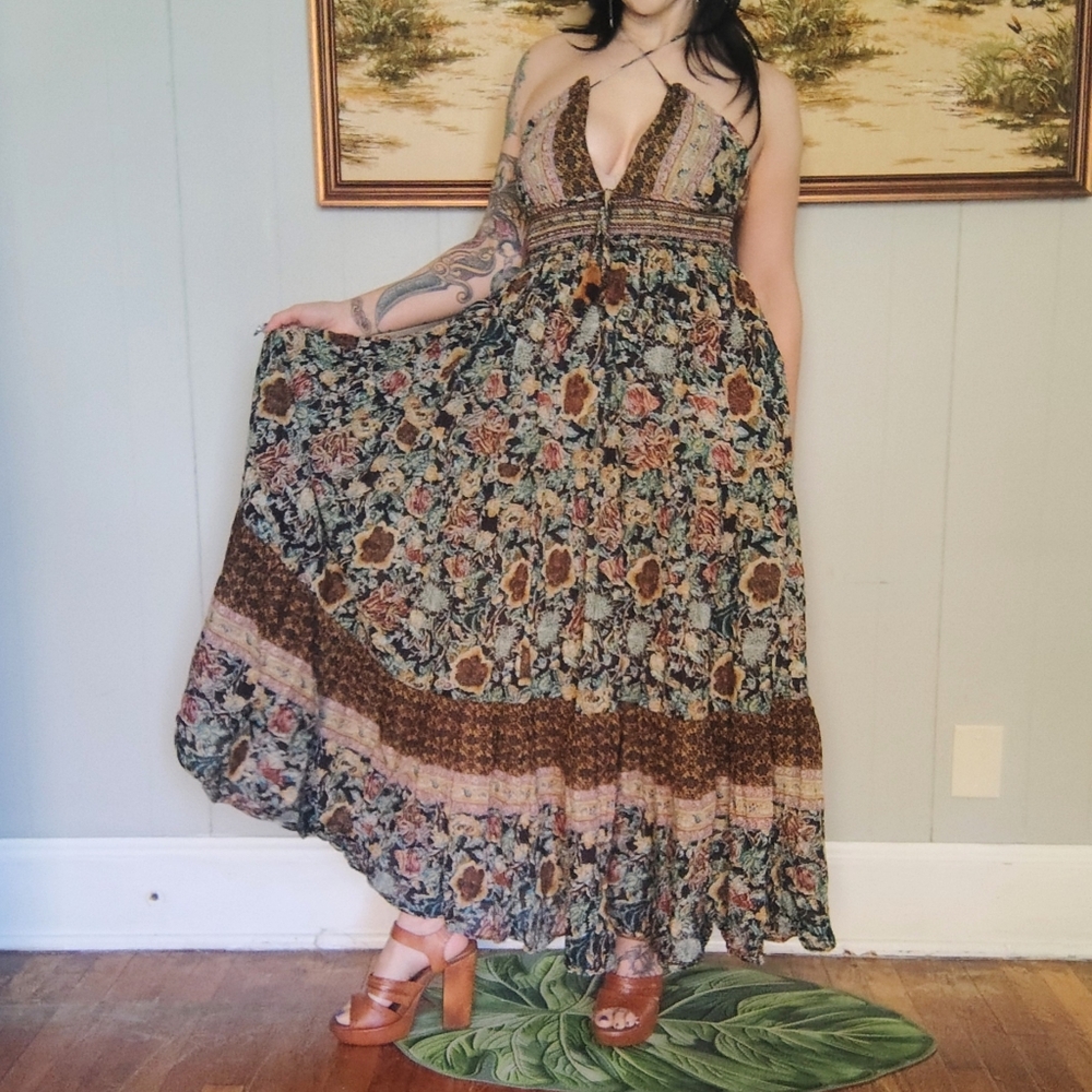 Free People Real Love Strappy Boho Brown Floral Maxi Halter Dress Small Pockets - Picture 14 of 14